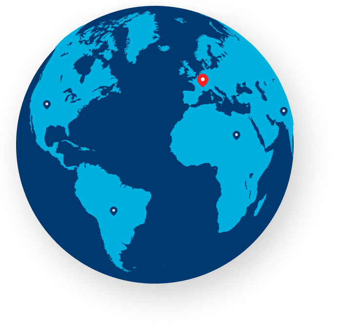 An image of a globe with a series of blue location pins on it. A red pin is on Europe