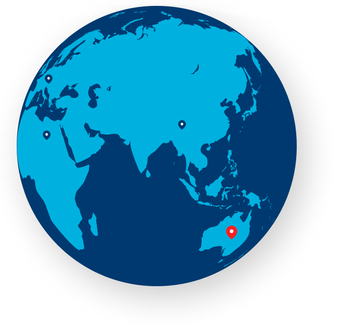 An image of a globe with a series of blue location pins on it. A red pin is on Australia
