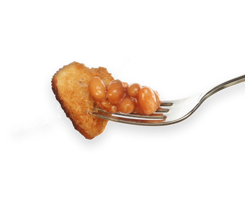 An image of beans on toast, held on a fork.